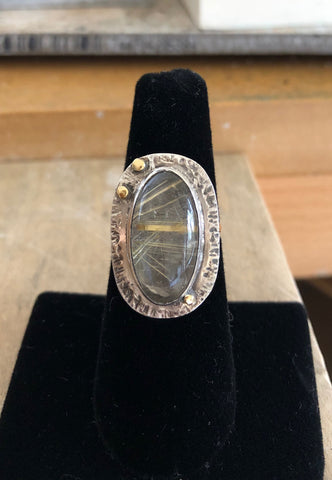 Rutilated quartz ring, sterling silver with 18k gold accents